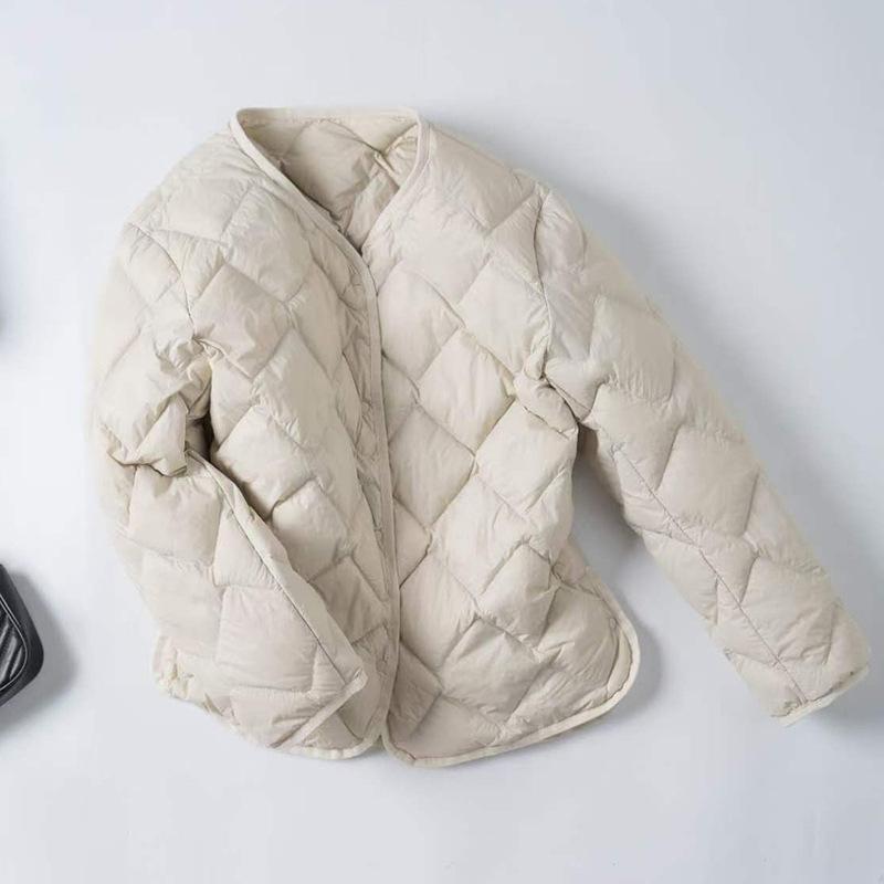 Premium light down jacket women's short light and thin liner autumn and winter round neck casual jacket rhombus jacket tide