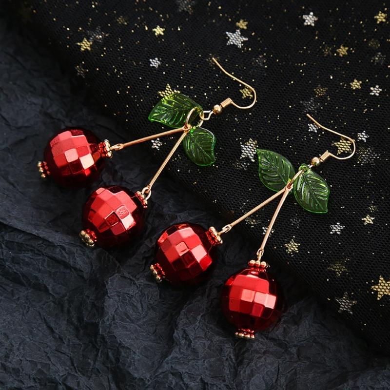 3D Red Cherry Fruit Drop Dangle Earrings Crystal Green Leaf Funny Earrings for Women Girls Tassel Aesthetic Jewelry
