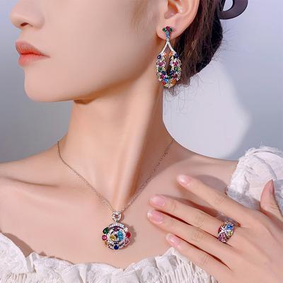 Conjunto de Joias Acessórios Brincos Anel Colar Zircônio Colorido Alto Senso Estilo Feminino