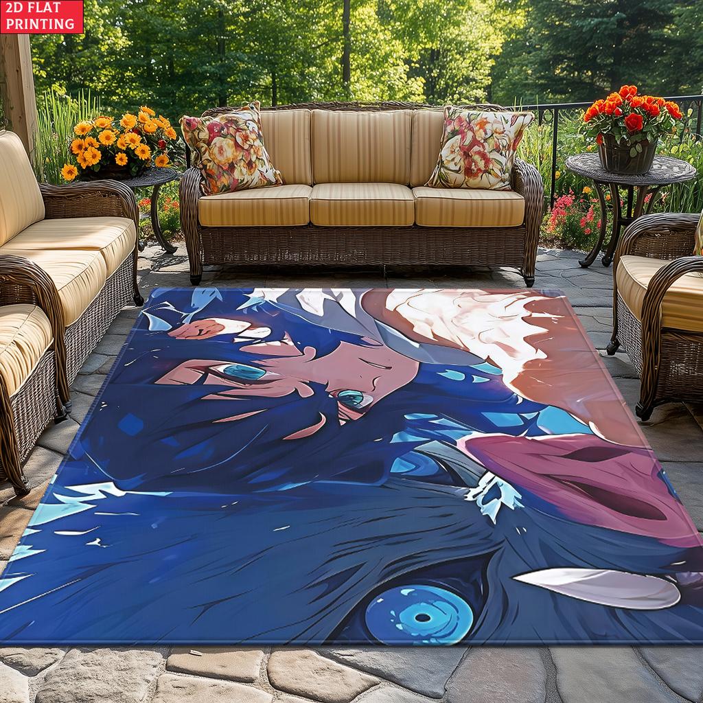 Anime Wolf Boy Area Rug, Blue Beast Theme Non-slip Floor Mat,Decorative Carpet for Gaming Room Bedroom, Washable Home Decor Gift