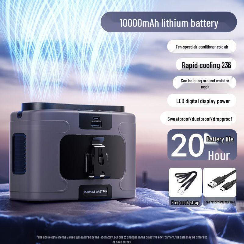Portable Double Capacity Waist Fan for Outdoor and Camping - High Wind Power USB Rechargeable