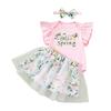 3-Piece Baby Girl Outfit: Fly Sleeve Romper, Skirt, Hair Accessories for Spring/Summer