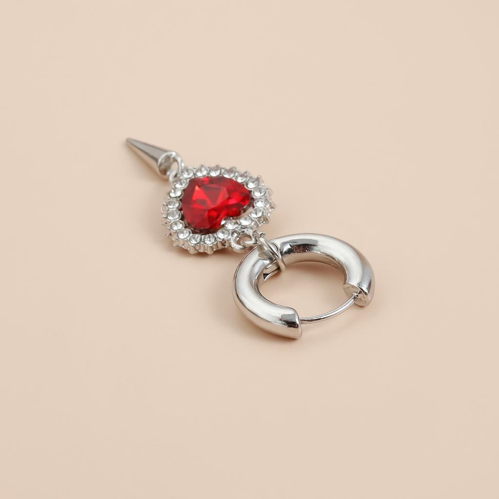 Punk Silvery Asymmetric Creativity Fashion Red Zircon Heart Hoop Earrings Party Birthday Lover Jewelry Accessories Party Gifts