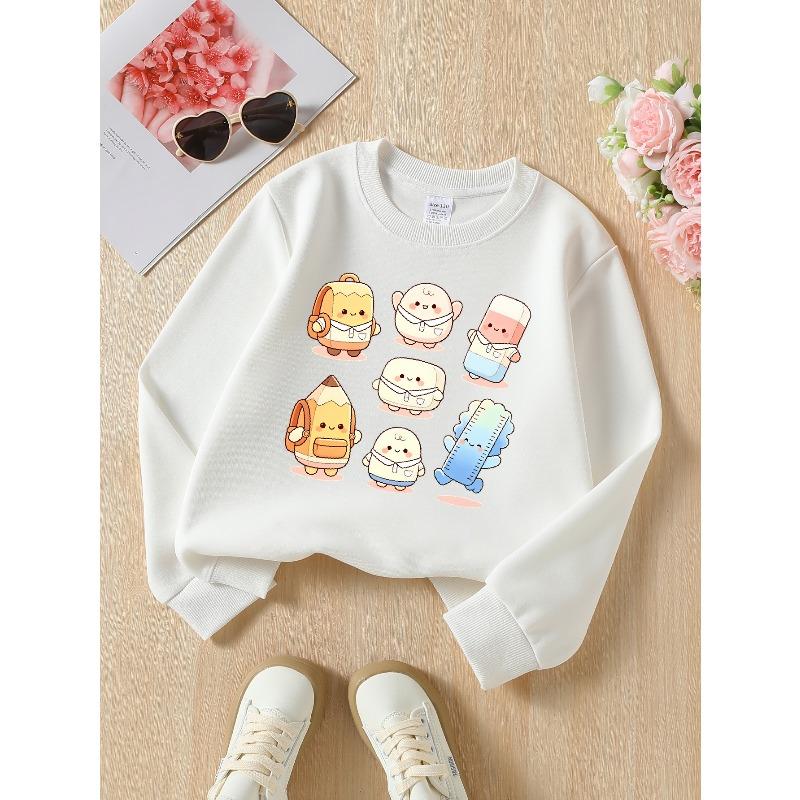 Kids Sweatshirts, Girls' Sweatshirts, Girls' Autumn Winter Fashion Cute Stationery Characters Print Print Long Sleeve Round Neck Sweatshirt
