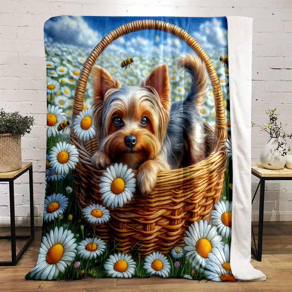 6 Styles Yorkshire Terriers and Flowers in A Basket Print Blanket Home Travel Camping for Adults and Kids Luxury Gifts
