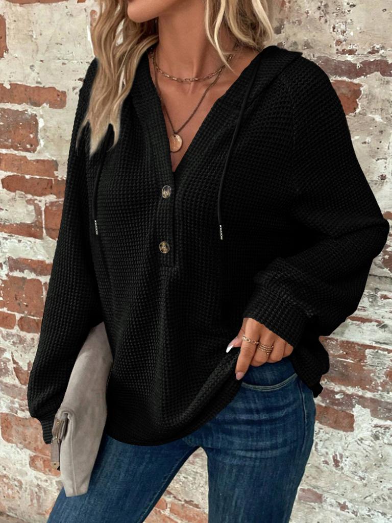 Women's Autumn New Solid Color Long Sleeve Jacket with Hooded Button Waffle Loose Hoodie