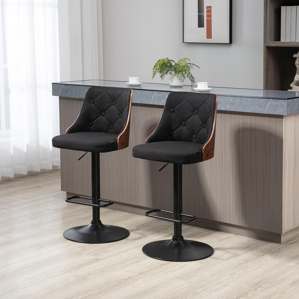 Set of 2 Height-Adjustable Bar Stools 360 Degrees Swivel with Footrest, Tufted Fabric