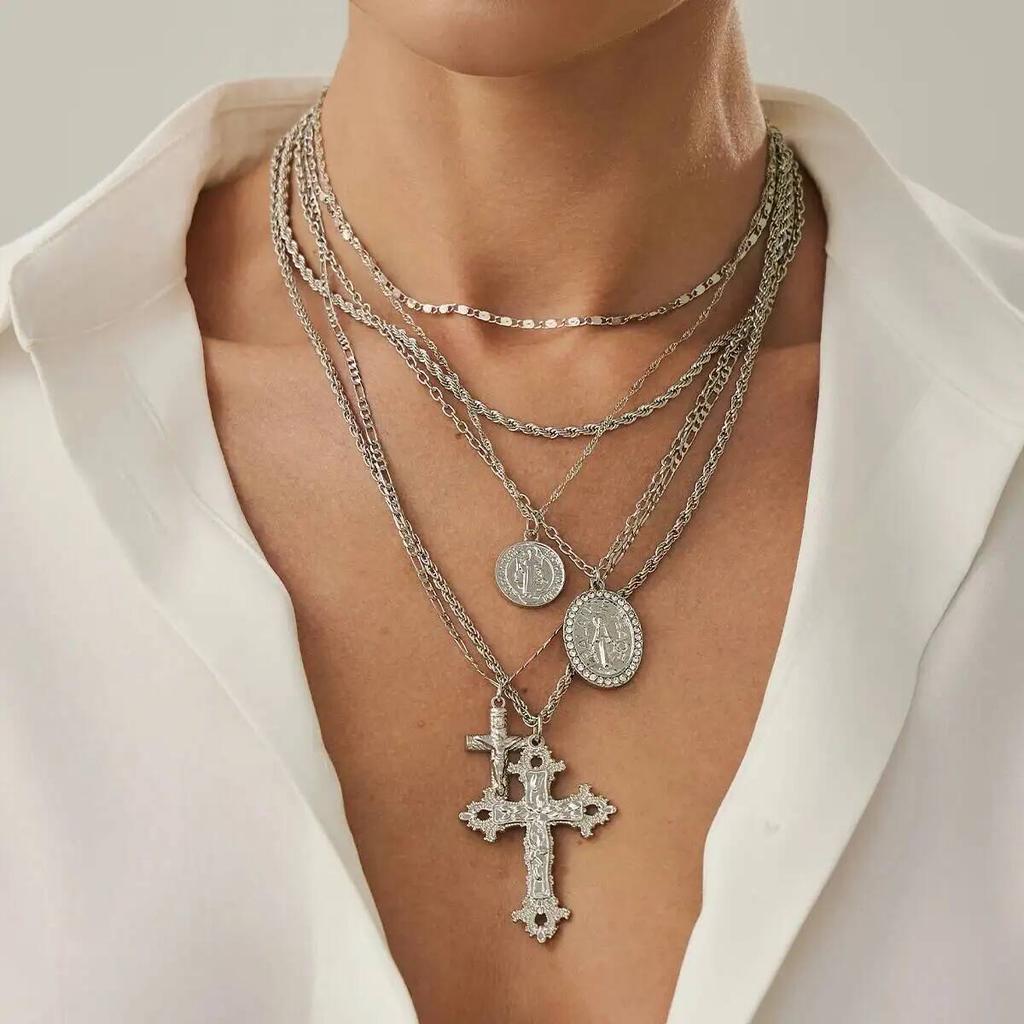 IngeSight.Z 6Pcs/Set HipHop Punk Jesus Cross Pendant Necklace Women Vintage Adjustable Gold Color Necklace Statement Y2K Jewelry