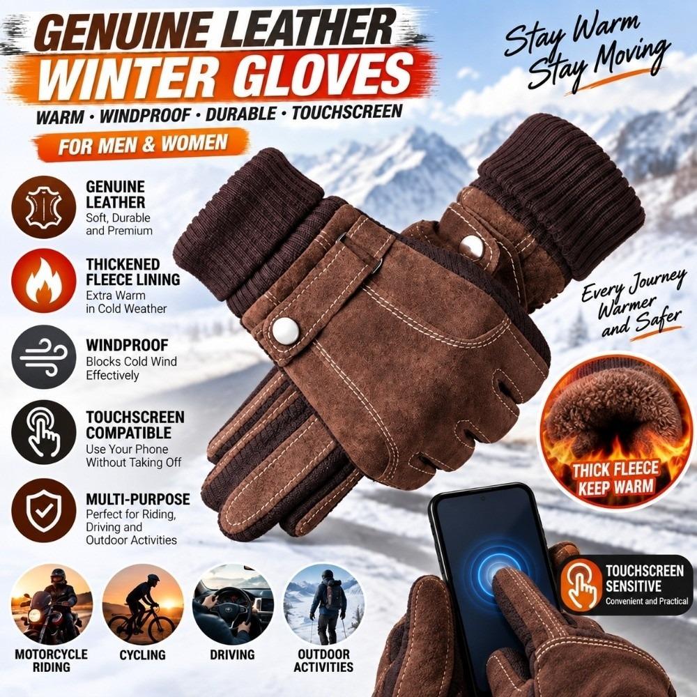 Full Finger Riding Cycling Gloves Touch Screen Fleece Lined Gloves Genuine Leather Gloves Men