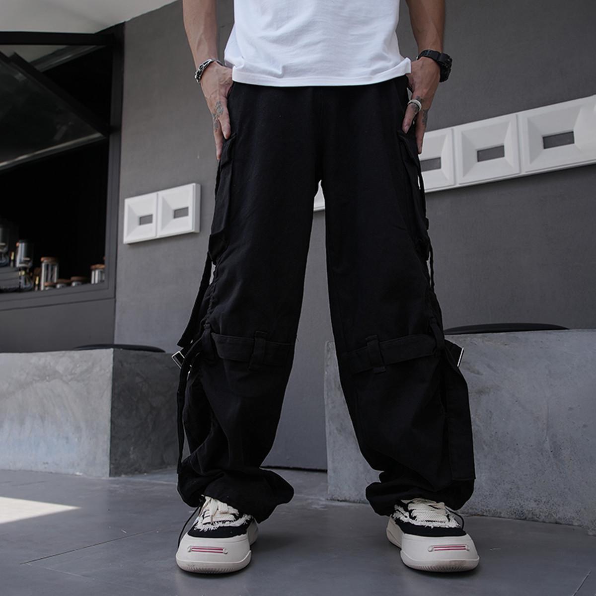 

Unisex High Street Red Hip-Hop Overalls - Loose Fit Wide-Leg Trousers with Jazz Ribbon Accents 3XL чорний