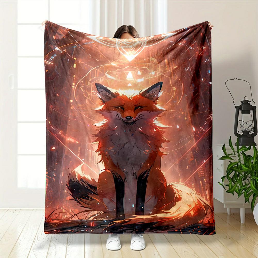 Mystical Fox Amid Glowing Lights Patterned flannel blanket perfect for the bedroom living room, sofa, or a little nap