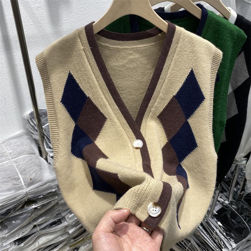 

Вязаный свитер Diamond, жилет женский, свободный, с V-образным вырезом, без рукавов, женский кардиган L хаки