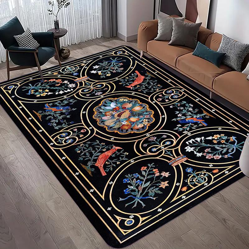 

French Luxury Vintage Bird Flower Rectangular Rug, Black Gold Ornate Botanical Print Carpet, Non-Slip Bedroom Floor Mat Carpet 50cm x 80cm