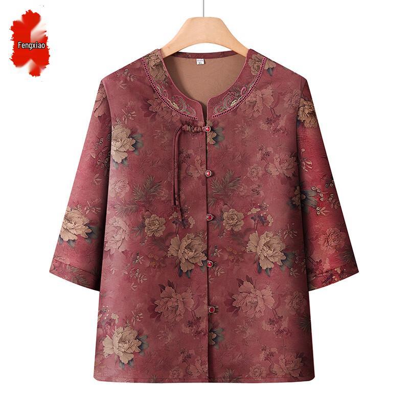 Women s Chinese Style Print Seven-Quarter Sleeve Shirt XXL