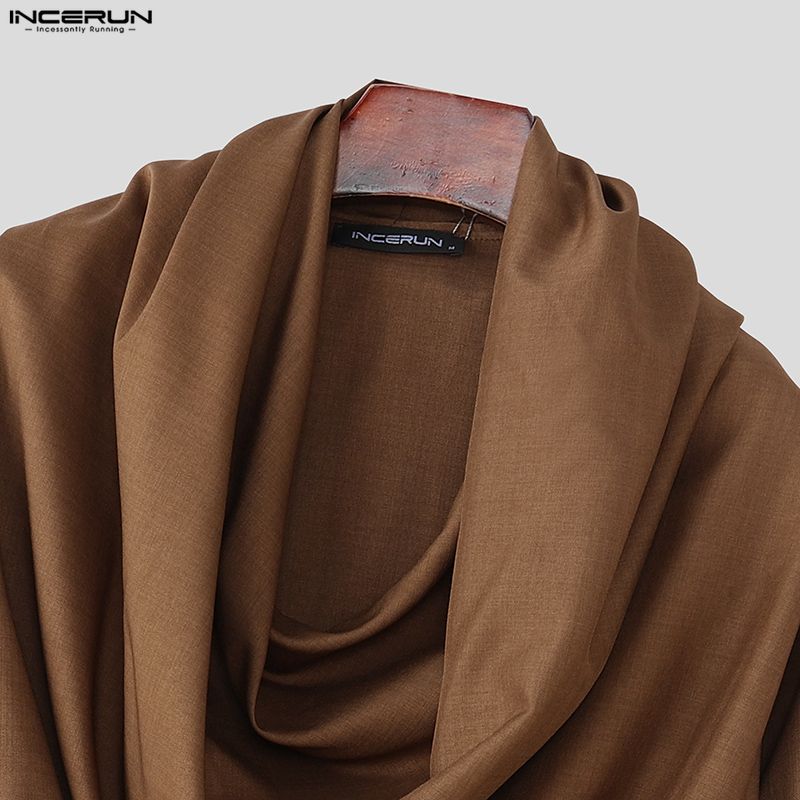 INCERUN Spring Men Swing Collar Low Cut Long Sleeve Casual Loose Solid Shirts Tops