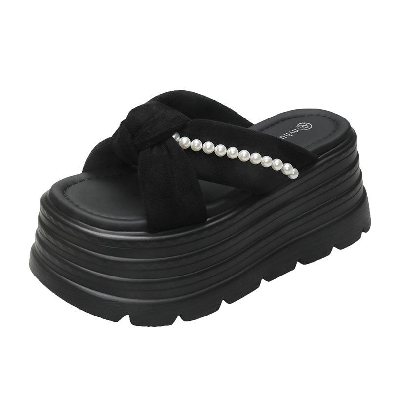 Thick-bottomed Pearl Slippers Women's Fashion Outer Wear 2025 Summer New Versatile Height Increase 9cm Bow Muffin Sandals