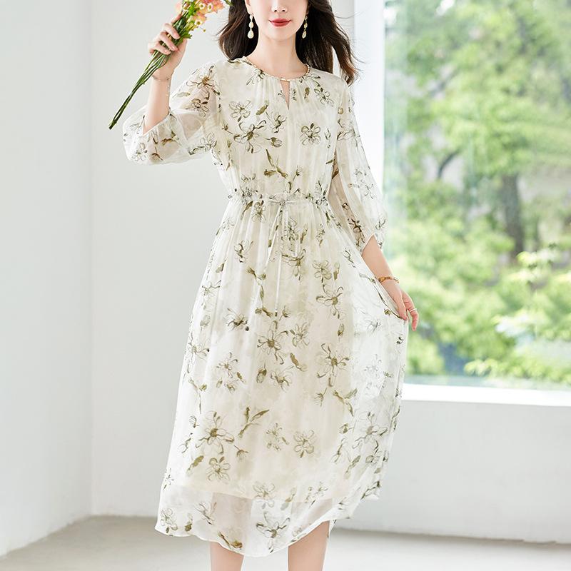 2026 summer new Hangzhou silk mulberry silk dress women's printing casual temperament waist lace-up floral skirt