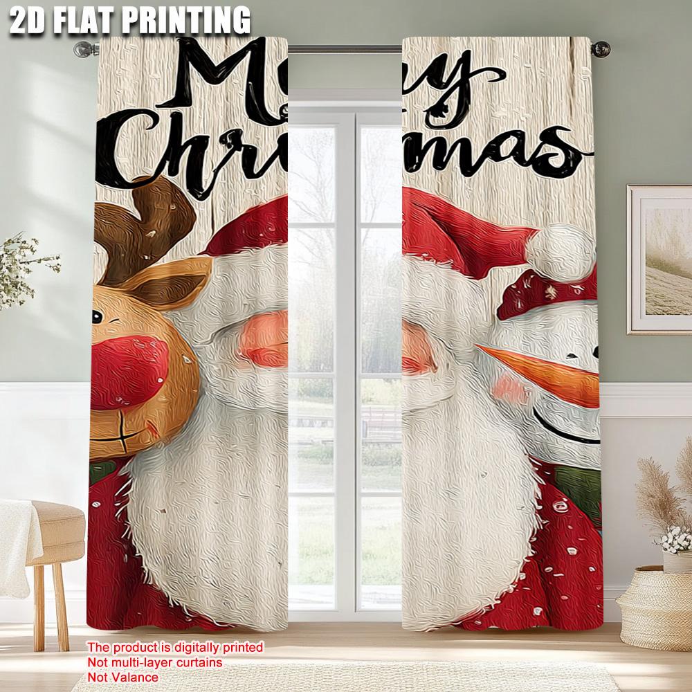 2pcs,2D Plane Printing Popular Curtain Panels Merry Christmas Santa_ Snowman and Reindeer Versatile Durable Polyester (without