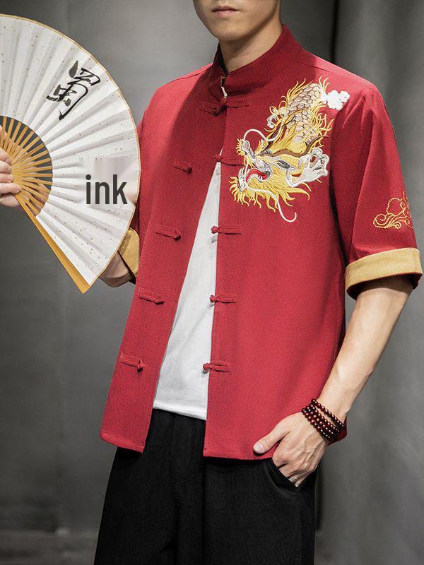 Men's Retro Dragon Embroidery Shirt with Frog Buttons - Casual Short Sleeve, Plus Size