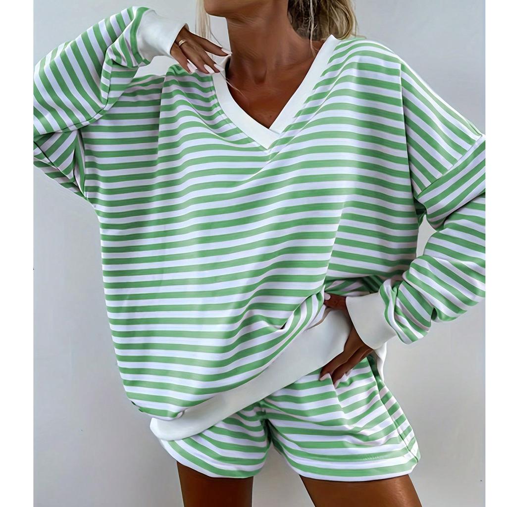European and American style ins striped home pajamas pajama pants set women's V multi-color long-sleeved shorts casual wear