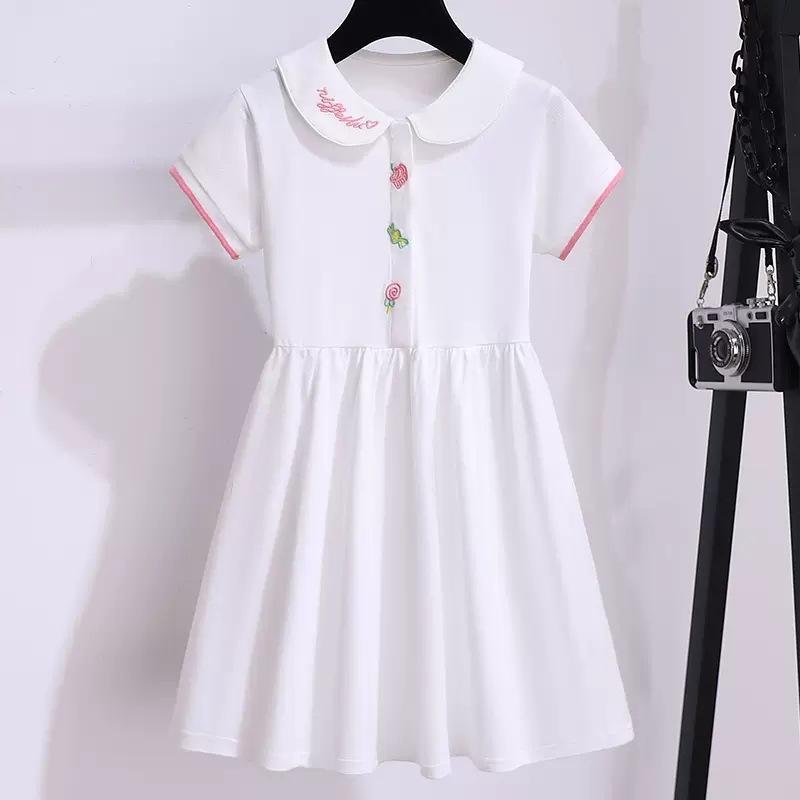 Summer Girls Pink Preppy Short Sleeve Dress Cute Princess Party Dress For Kids Sweet Casual Sundress 120cm белый
