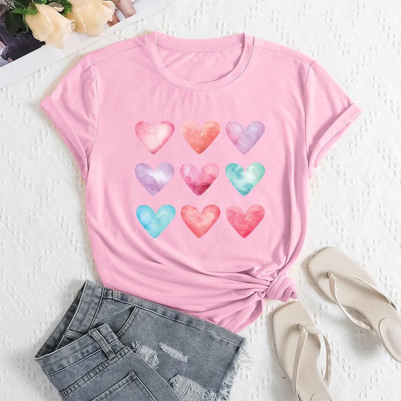 Summer Women's Plus Size Color Heart Print Loose Round Neck Casual Pure Cotton Short Sleeved T-shirts Women's