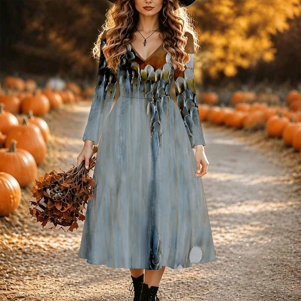 Halloween Women's Floral Print Midi Dress A Line Dress Vacation Casual Daily Regular Fit Long Sleeve V Neck Black Spring Fall