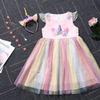 Kinder Regenbogen Einhorn Kleid mit Farbverlauf: Ärmelloser Macaron-Gaze-Rock Prinzessinnen-Set