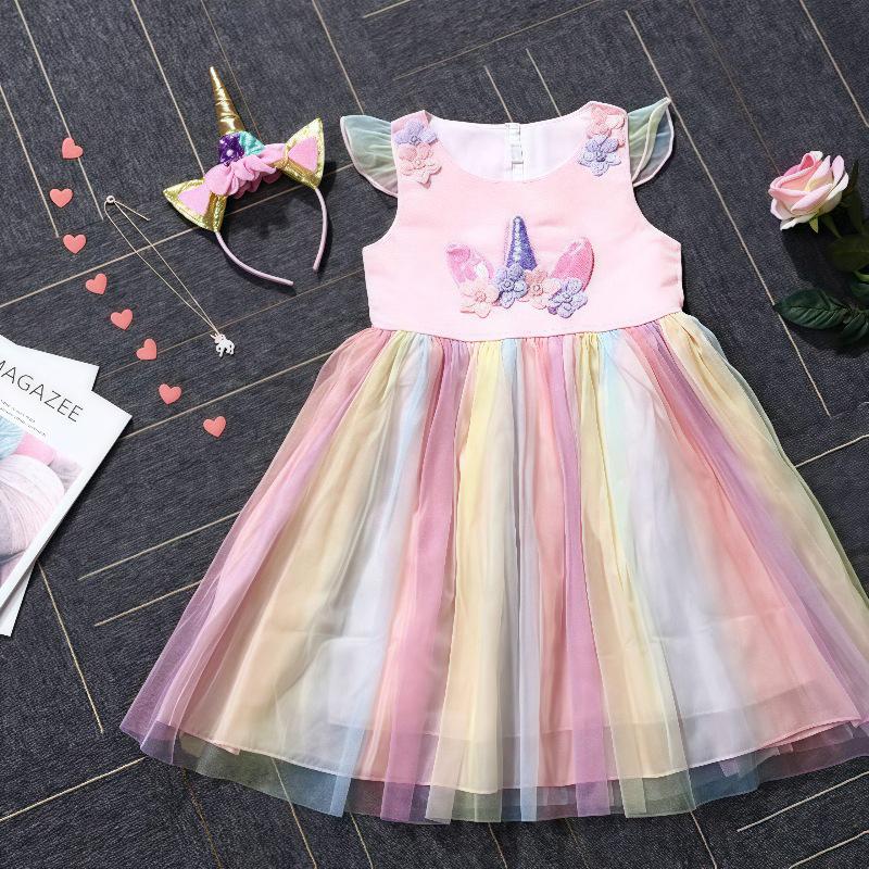 Kinder Regenbogen Einhorn Kleid mit Farbverlauf: Ärmelloser Macaron-Gaze-Rock Prinzessinnen-Set