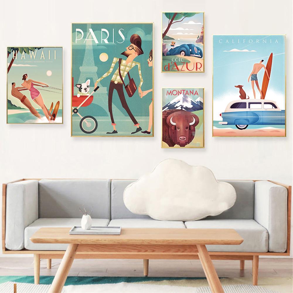 Vintage World Famous Attractions City Posters and Prints Italy Rome Hawaii Canvas Painting Wall Art for Living Room Home Decor (with Frame)