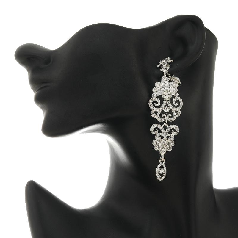 Retro Palace Ear Clips Big Luxury Rhinestone Bridal Earrings Elegant Sparkling Crystal Hanging Drop Party Wedding Jewelry Gift