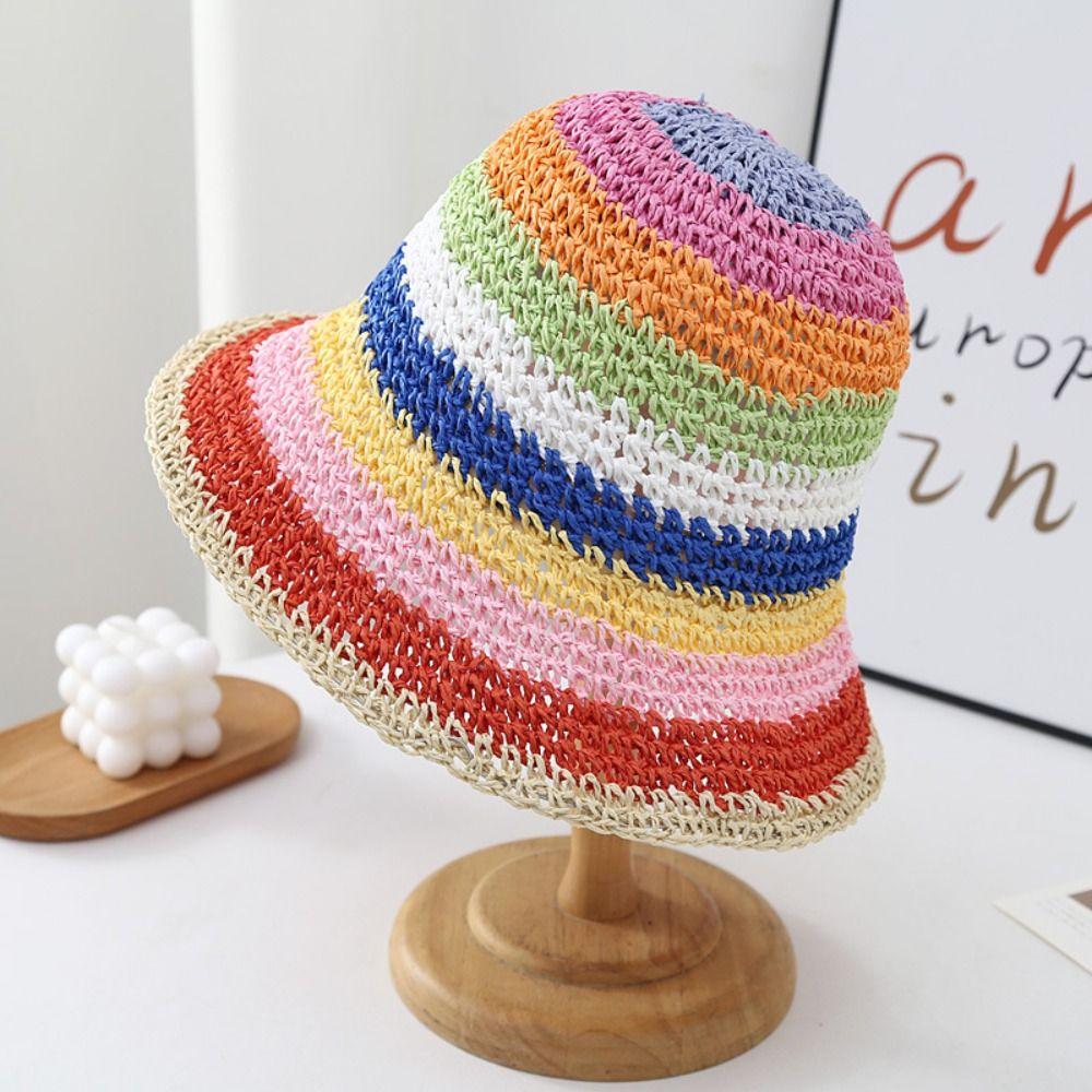 Weave Sunscreen Bucket Hat Crochet Beach Fisherman Hat Elegant Rainbow Straw Hat  Summer