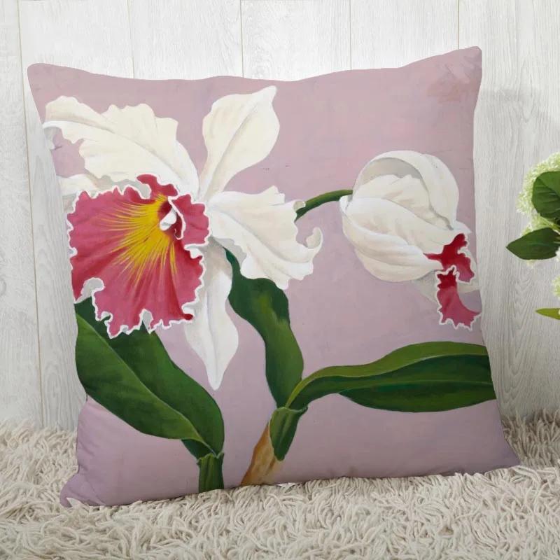 Neue Orchideenmalerei Kissenbezug Schlafzimmer Home Office Dekorative Blumen Kissenhülle Quadratisch Reißverschluss Kissenbezüge Satin Weich Kein Ausbleichen