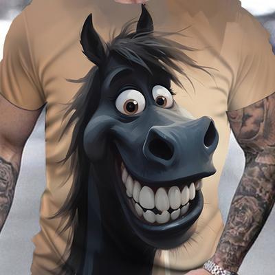 T-Shirt im 3D-Digital-Cartoon-Stil mit lustigem lächelndem Pferdemuster, Rundhalsausschnitt, kurzärmelig, Sommeroberteile für Herren, Freizeit- und Outdoorbekleidung