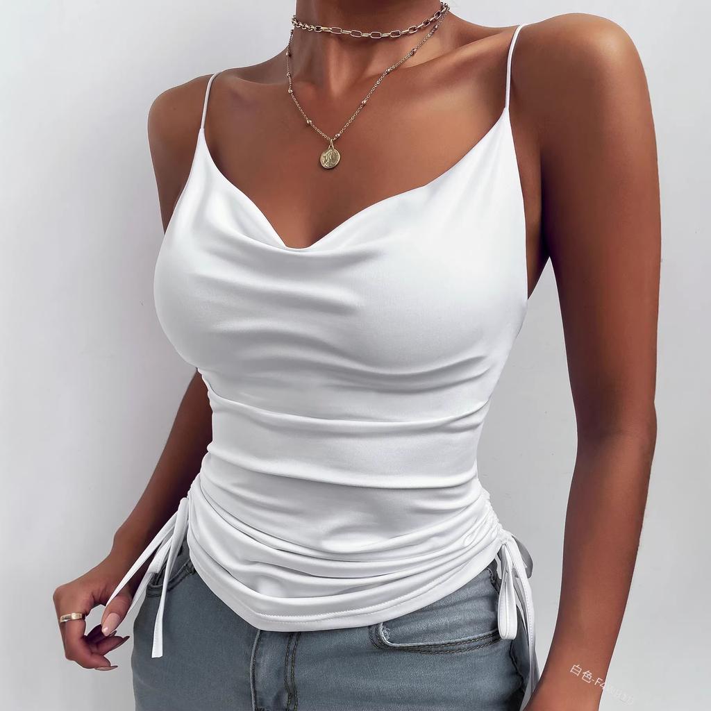 European And American Summer Printing Sexy Babes V-Neck Side Drawstring Slim-Fitting And Thin Halter Top