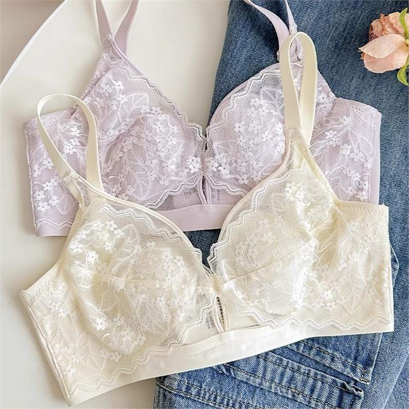 French Lace Crystal Cup Wireless Bra, Ultra Thin Minimizer Side Gathering Anti-Sag Bra for Full Bust Summer Women