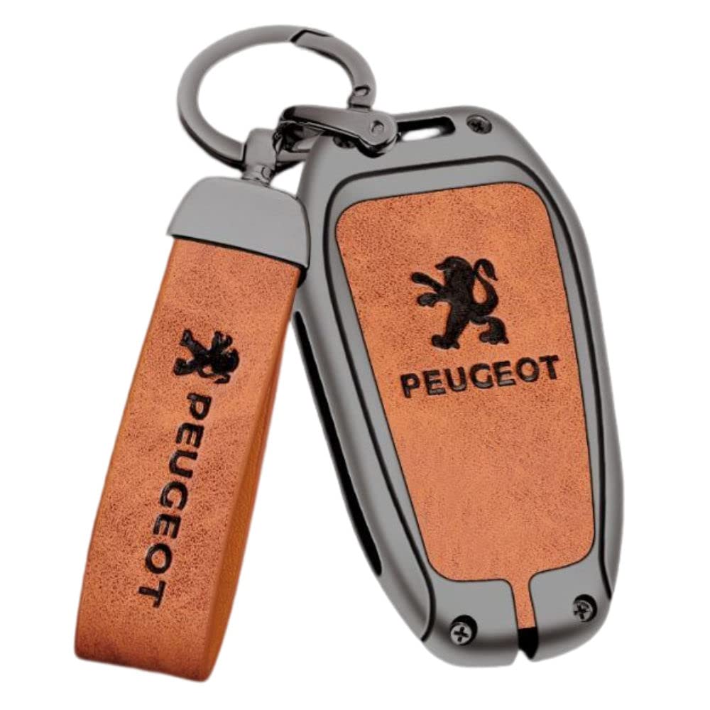 [NextBlue] Peugeot Compatible Smart Key Case Zinc Alloy Metal Gray Key Holder with Logo Sticker, Braun