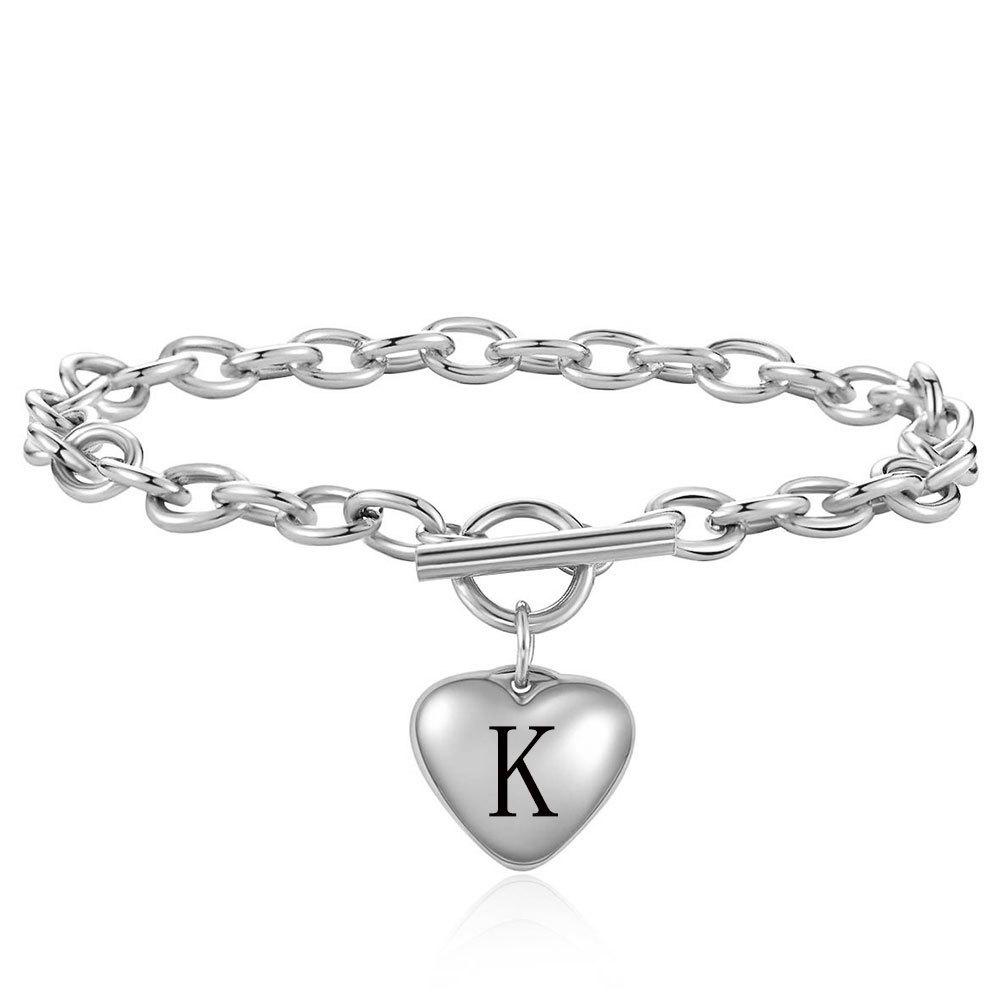 Stainless Steel Heart Bracelet with 26 Letter Pendant and OT Clasp, Customizable Laser Logo