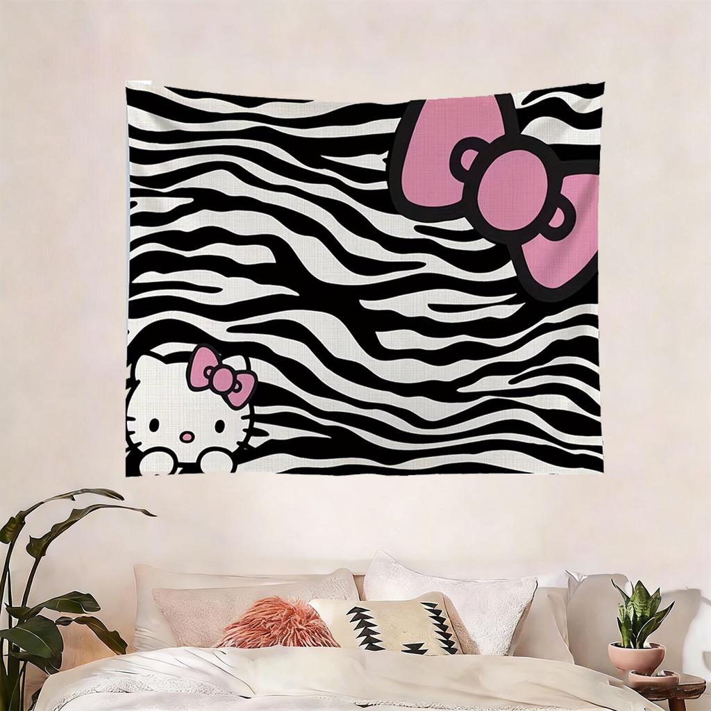 Sanrio Hello Kitty Anime Tapestry Black White Zebra Print with Pink Bow for Bedroom Decor Party Birthday Gift Flat Print