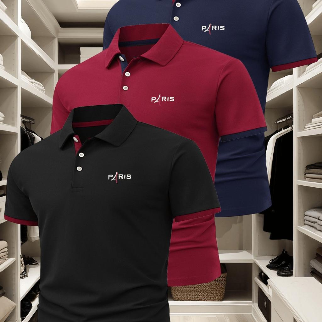 3Pcs Set Men's Polo Shirt, Fashionable Business Casual Lapel, Comfortable Summer Breathable Short Sleeve Lapel Polo Shirt Top, Gift