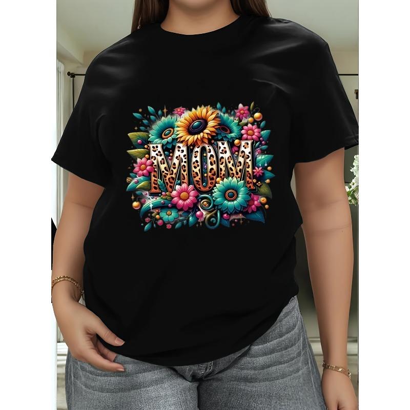 Europeisk Storlek Plus Size Dam Happy Mother's Day Grafisk T-shirt med Blommig & Leopardmönsterdesign, Lätt Andningsbar Avslappnad Vår Sommar T-shirt