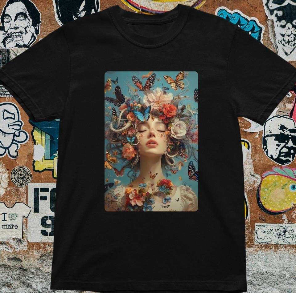 Floral Butterfly Woman T-Shirt – Surreal Art Graphic Tee Fantasy Aesthetic Shirt XXXL
