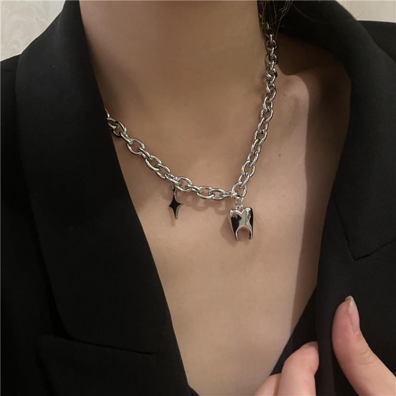 Hip Hop Stainless Steel Titanium Steel Thick Chain Necklace Funny Tooth Shape Pendant Collarbone Chain Neck Chain 1PCS