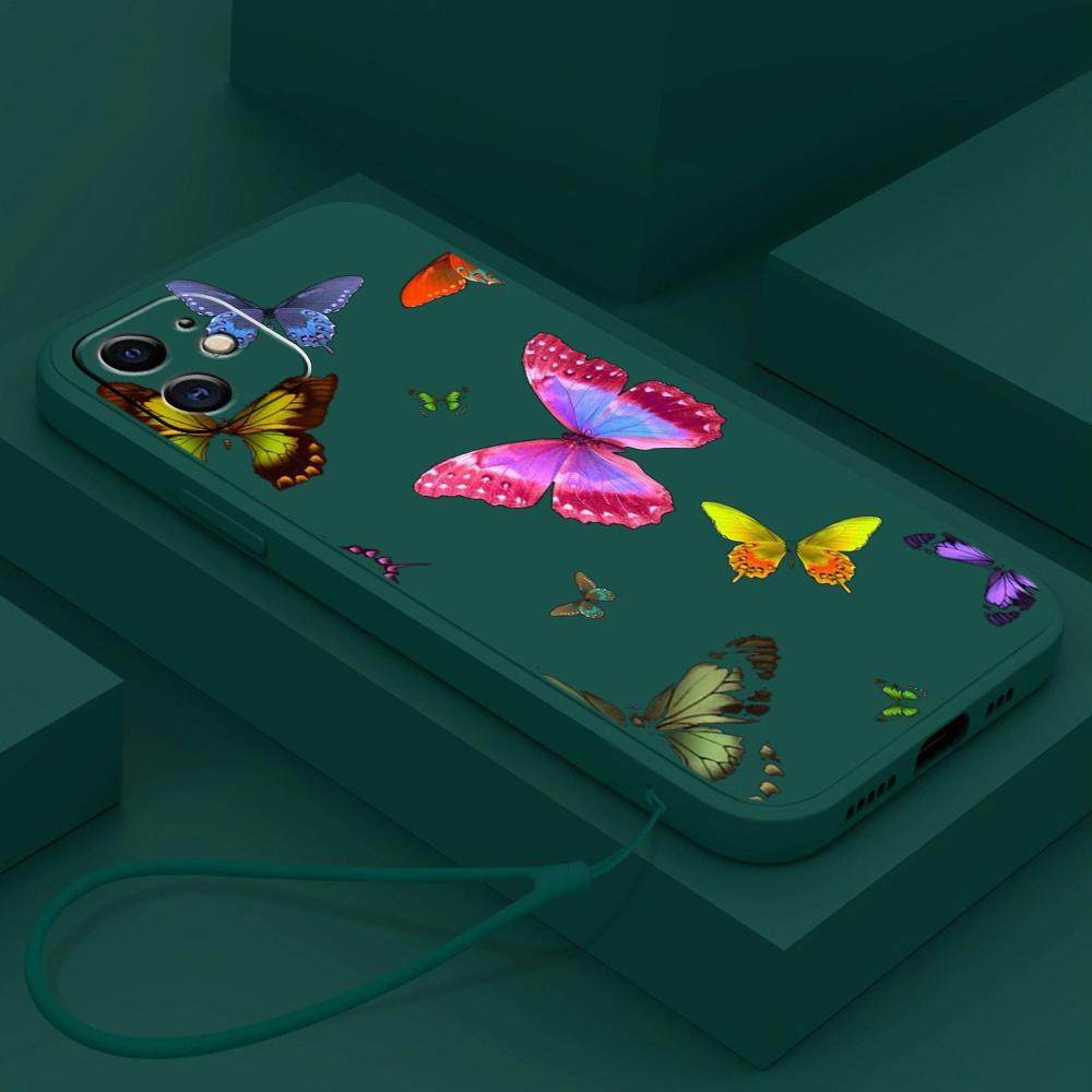 N76 Butterfly with Lanyard Silicone Straight Edge Phone Cases for Xiaomi Poco X5 F6 Redmi Note 13 Pro 12C Realme C55 Huawei Shockproof Cover