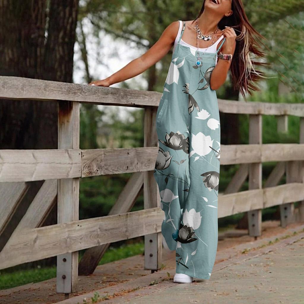 Wide Leg Overalls For Women Casual Loose Sleeveless Print Button Long Pant Romper Jumpsuit With Pockets