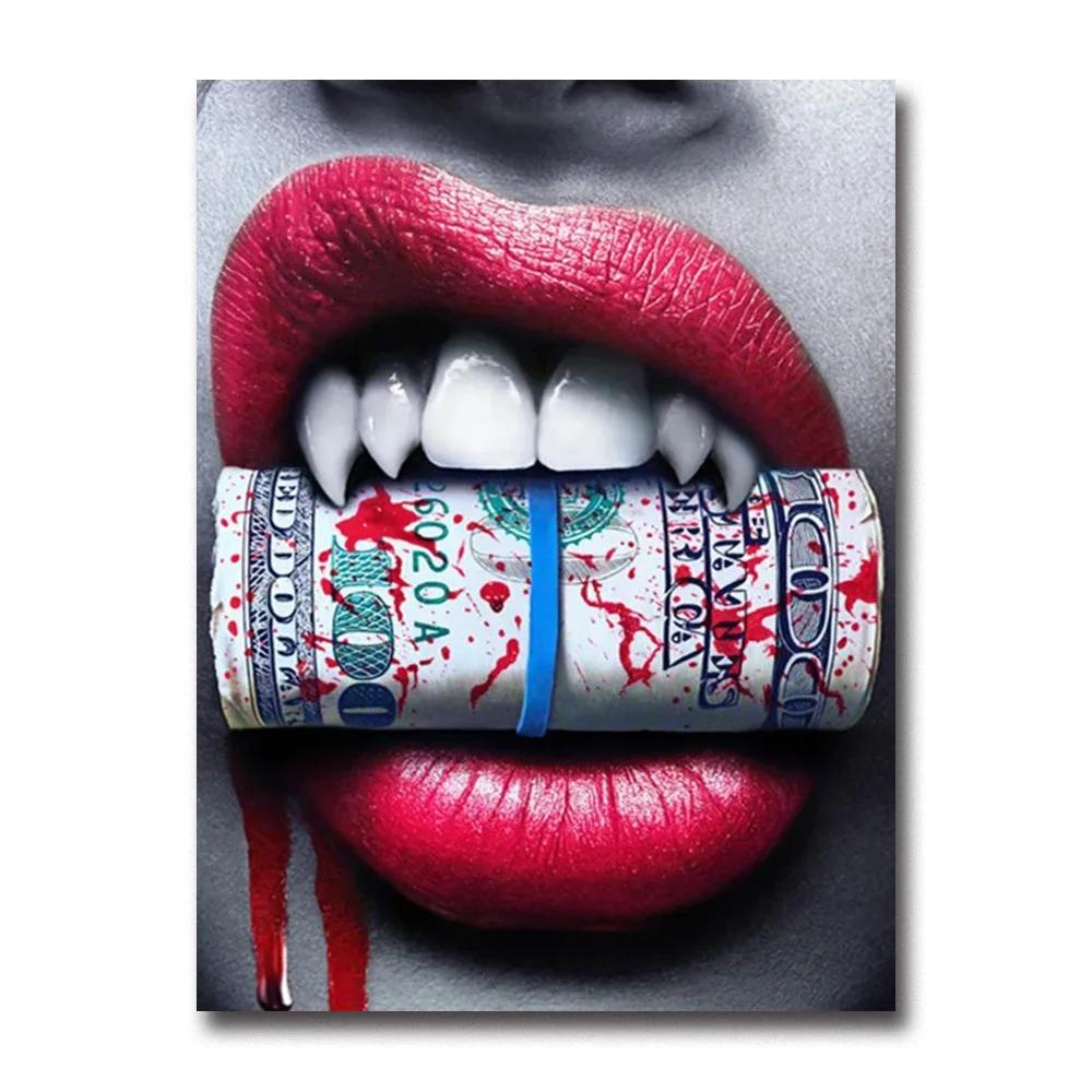 Sexy Woman Red Lips Money Rose Wall Art Posters Modern Home Living Room Bedroom Decorative Canvas Painting Picture Print Artwork