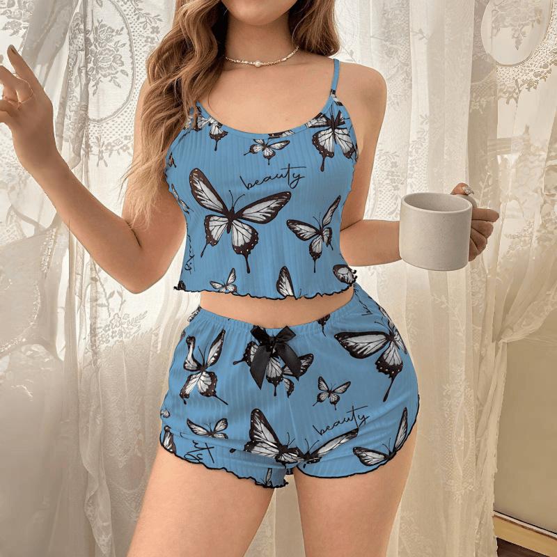 Women’s Fashion Butterfly Print Ribbed Cami Top and Shorts Two-Piece Pajama Set Comfortable Loungewear