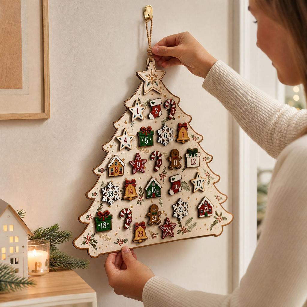 Wooden Christmas Tree Advent Calendar Hanging Decoration with Days Countdown for Holiday Home Decor