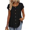 Top Camiseta Feminina Fashionável de Manga Curta com Gola Redonda e Decoração de Botões -Cor Única
