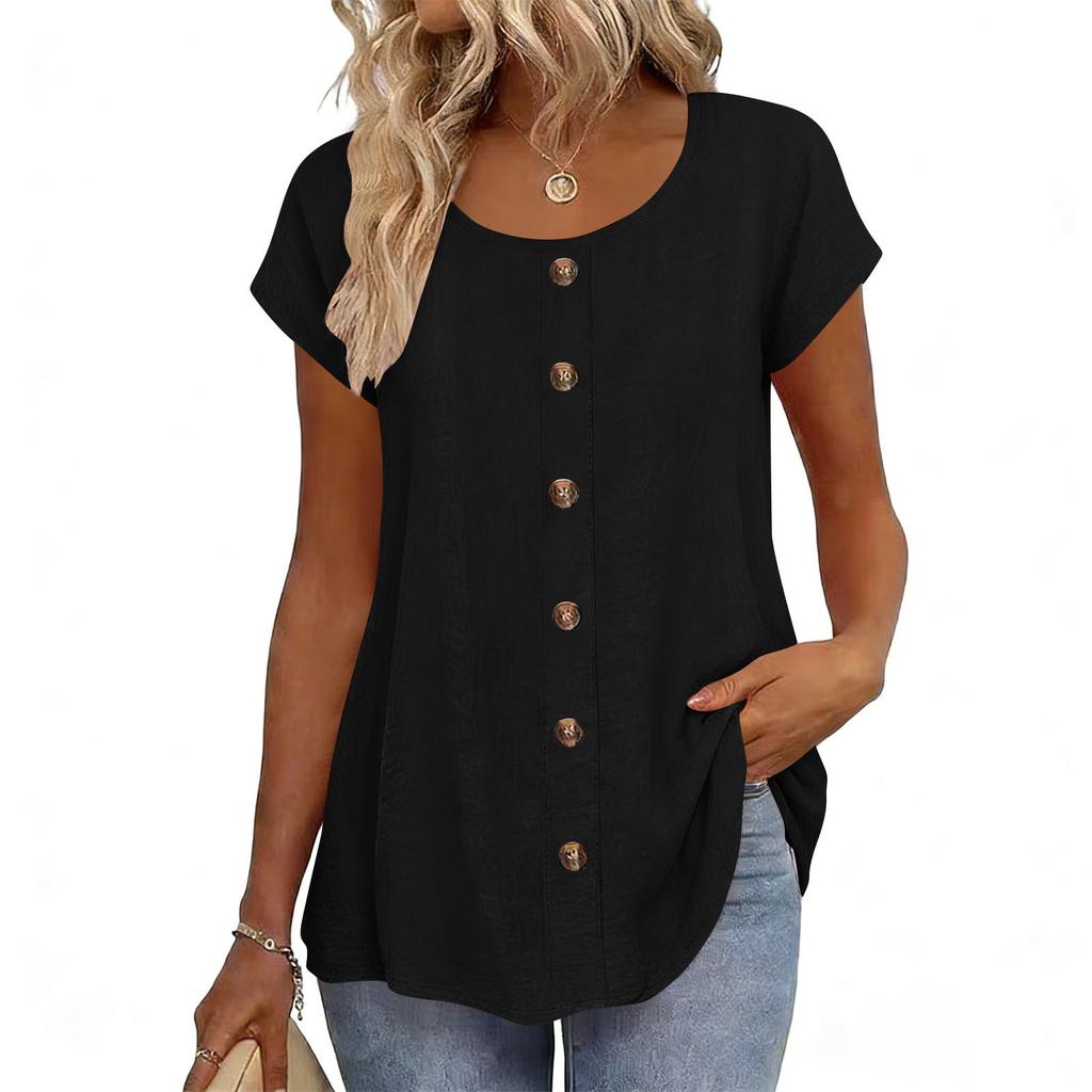 Top Camiseta Feminina Fashionável de Manga Curta com Gola Redonda e Decoração de Botões -Cor Única